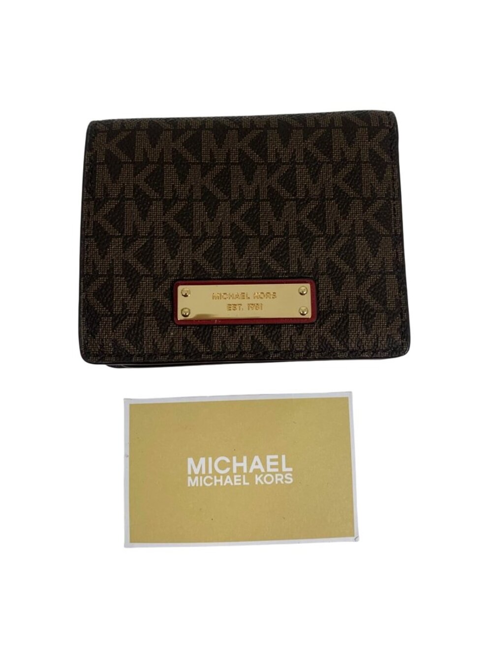 Michael Kors Jet Set Travel Logo Card Holder Brown Signature Coated Twill EUC
